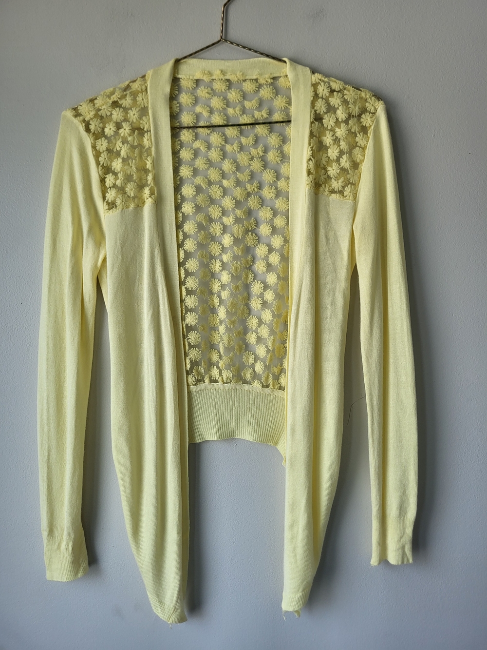 Women's Light Yellow Embroider Back Open-Front Balletcore Garden Girl Cardigan
